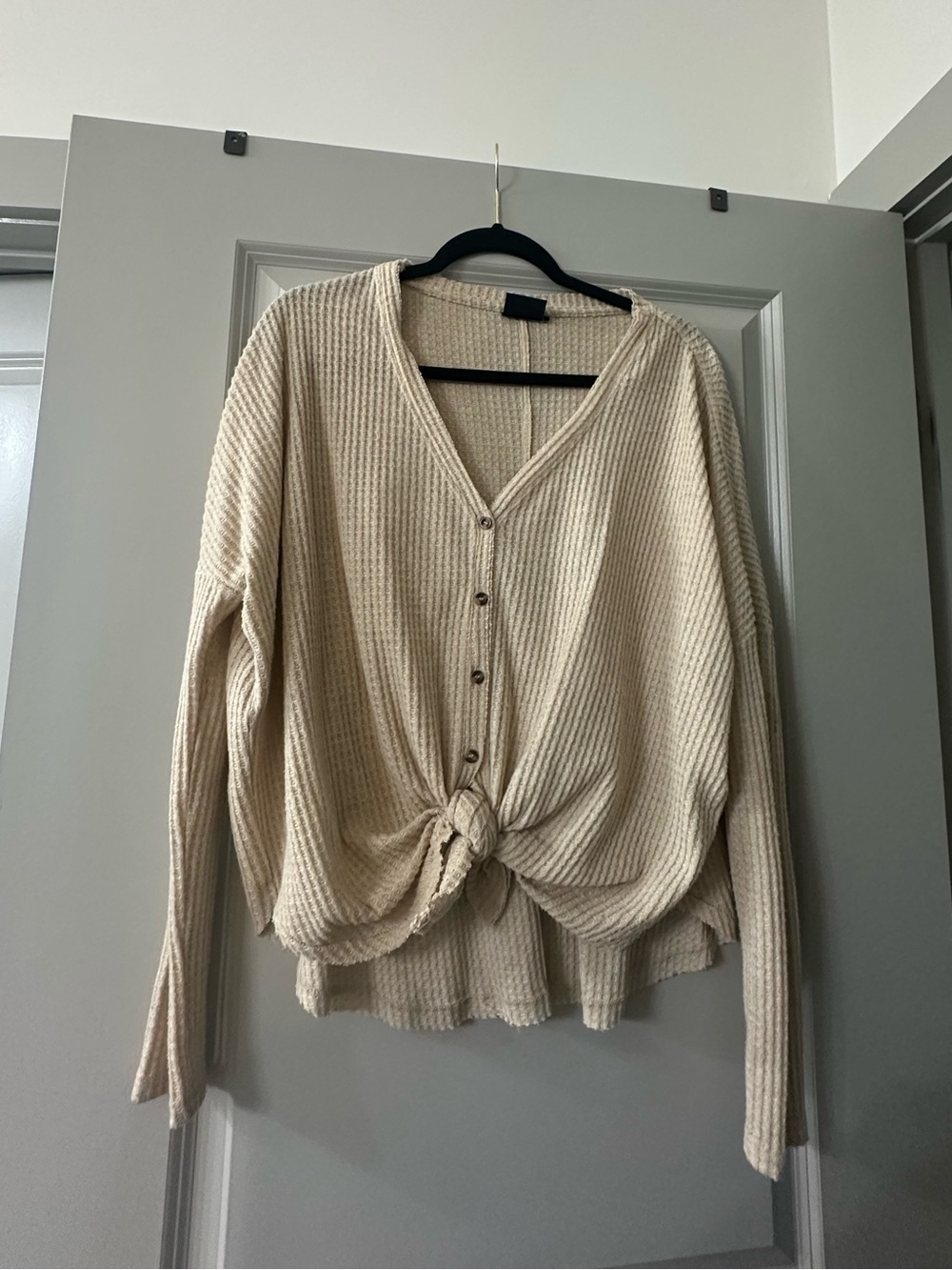 Urban Outfitters Cream V-Neck Button-Front Knit Sweater with Front Tie